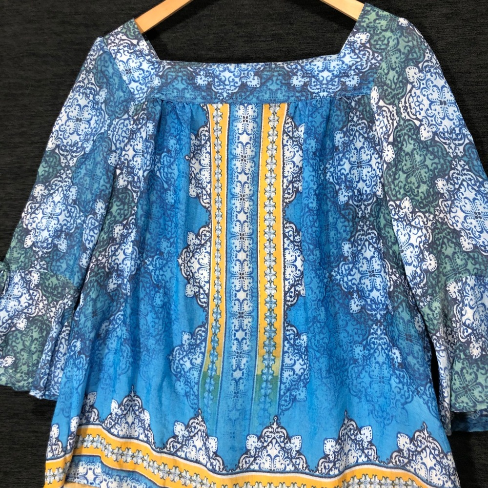 Zac & Rachel Blouse Top Blue Paisley Print Bell Sleeve Square Neck M